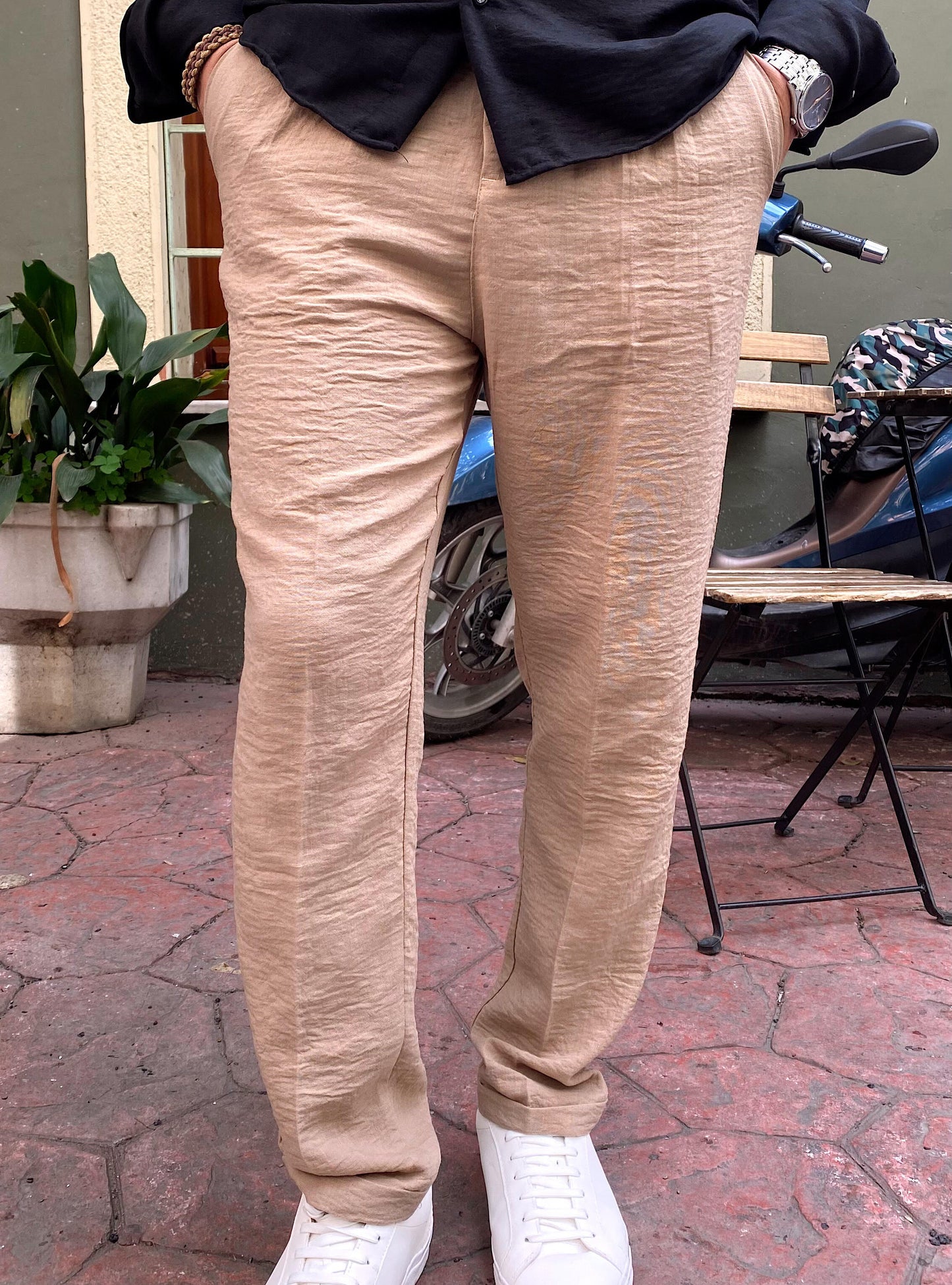 Bej Renk Regular Kalıp Keten Pantolon