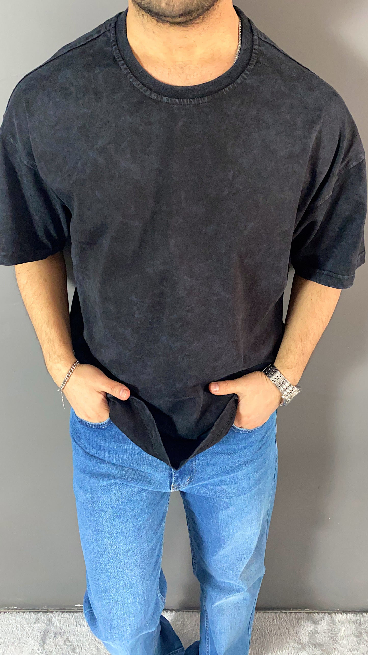 Siyah Yıkamalı Oversize Tshirt