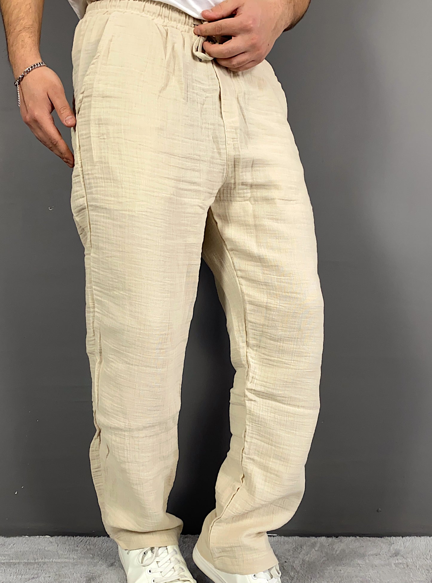 Bej Renk Baggy Keten Pantolon