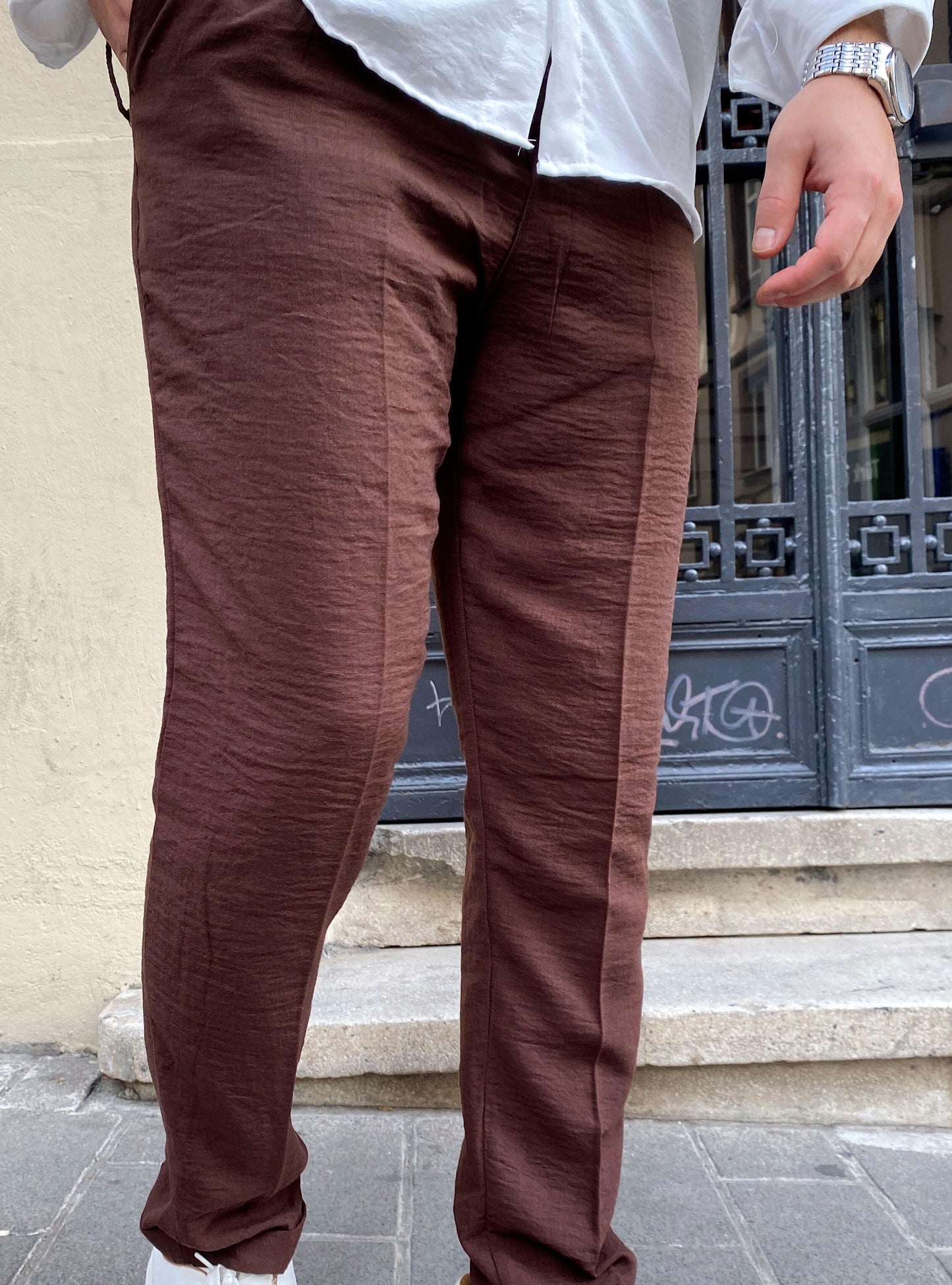 Kahverengi Regular Kalıp Keten Pantolon