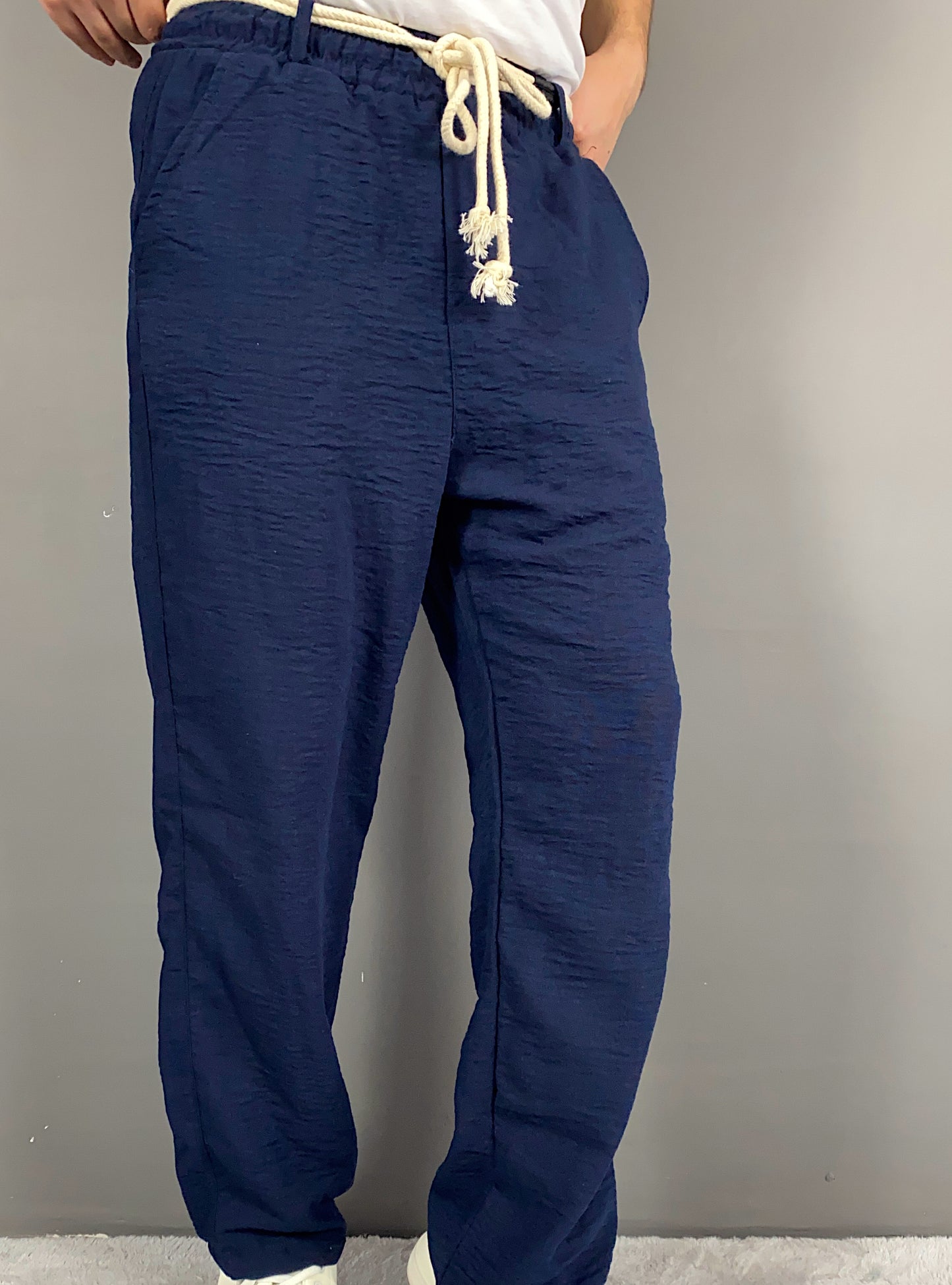 Lacivert Baggy Keten Pantolon