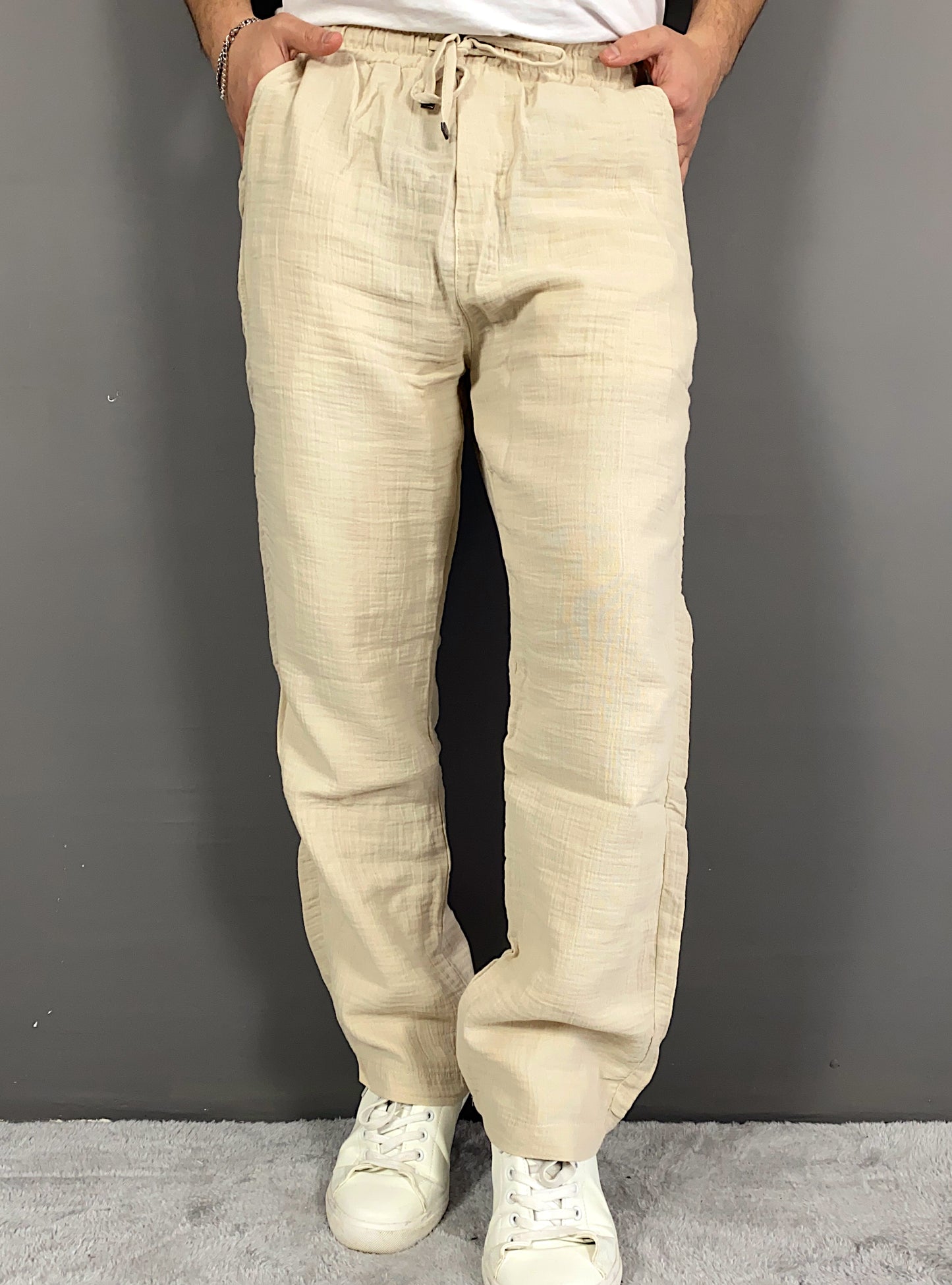 Bej Renk Baggy Keten Pantolon