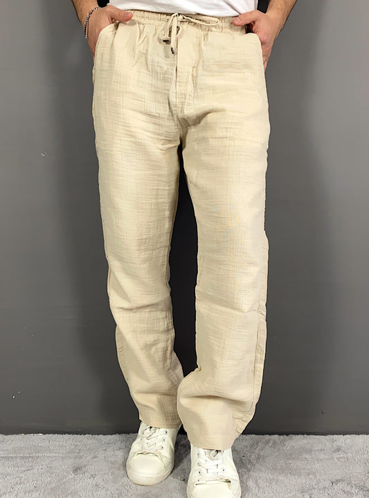 Bej Renk Baggy Keten Pantolon